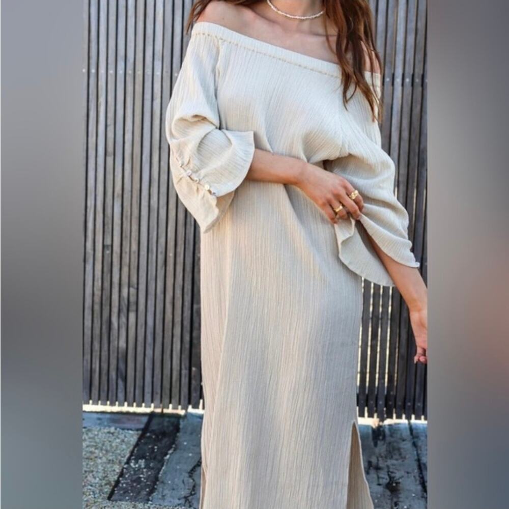 Maurie and Eve Taupe Beige Crinkle Off the Shoulder Maxi Dress Women's 10 3988 - Picture 3 of 13